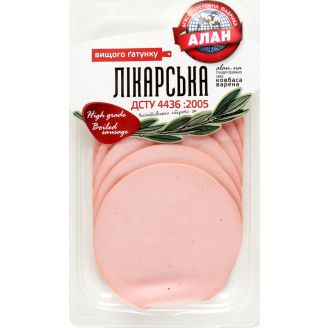 Ковбаса вар. Лікарська  в/г 100 г нарізка Алан