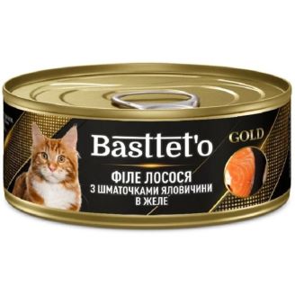 Basttet`O Gold Філе лосося з шматочками яловичини в желе для котів 85г з/б